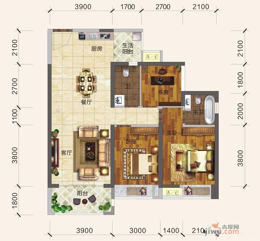 观天下2室2厅2卫100.7㎡户型图