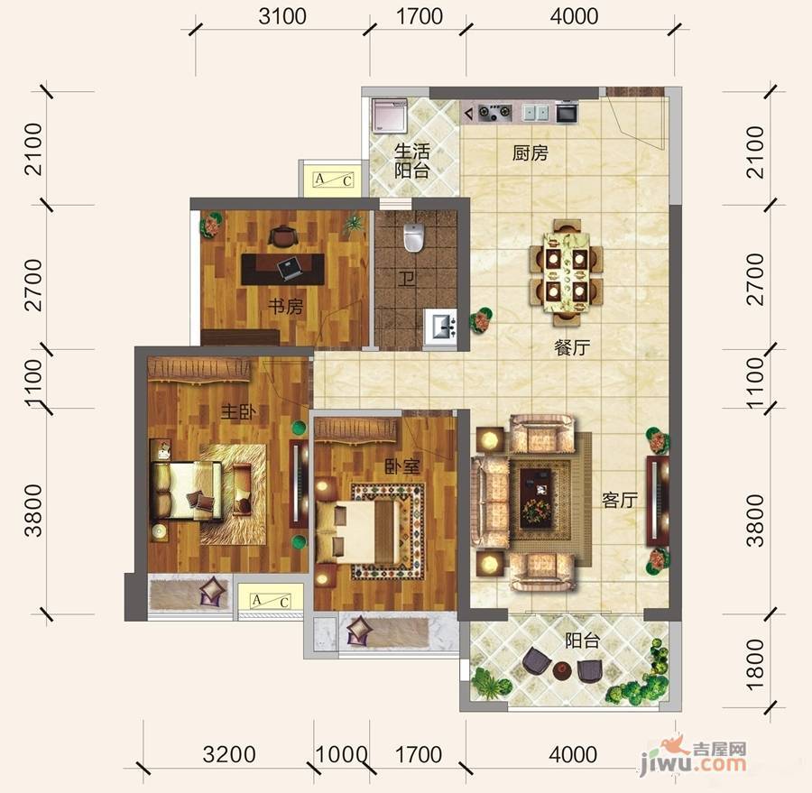 观天下2室2厅1卫93.8㎡户型图