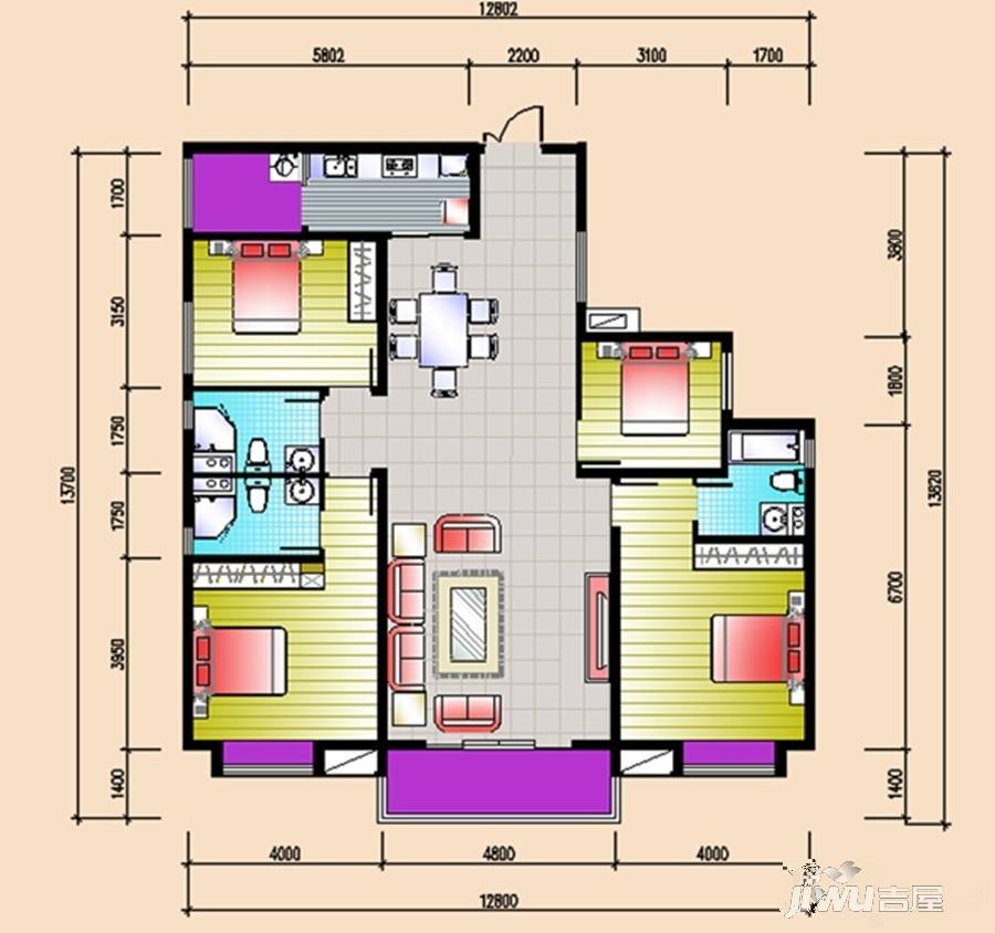 华鹏国际4室2厅2卫162.6㎡户型图