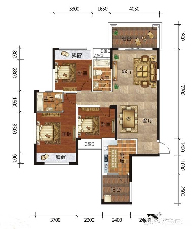 广汇圣湖城3室2厅2卫113.8㎡户型图