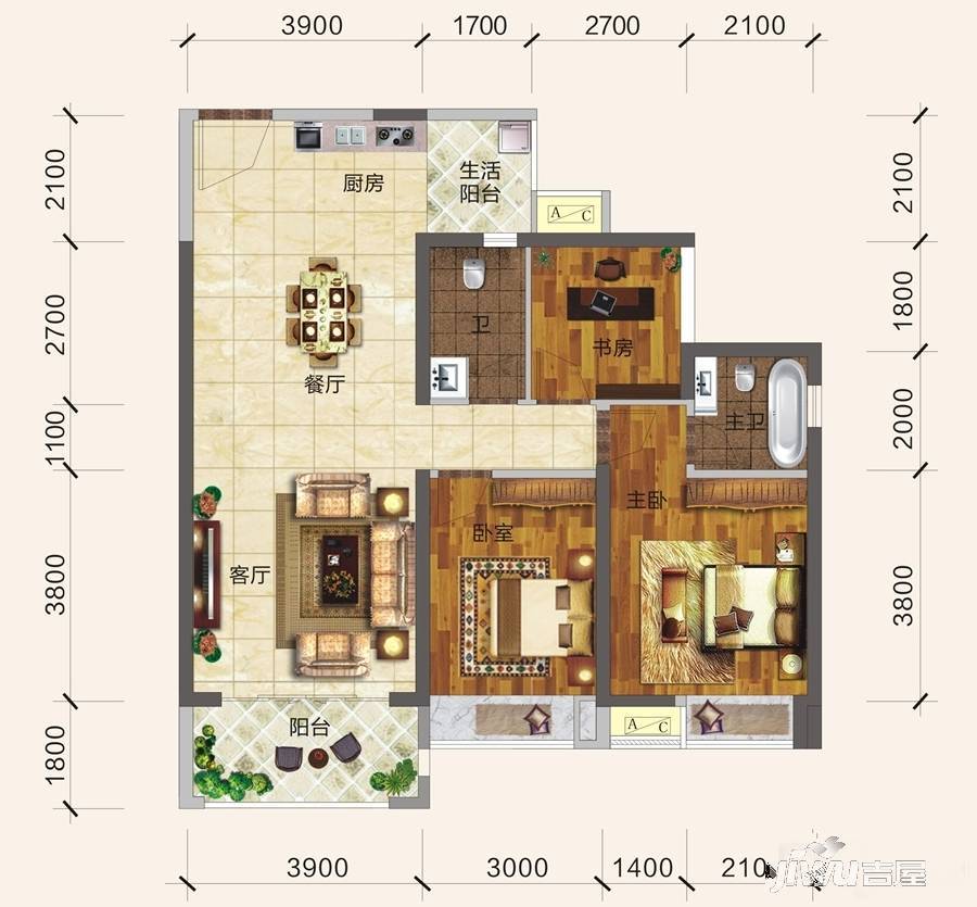 观天下2室2厅2卫100.7㎡户型图