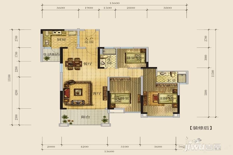 中江（贵港）农产品综合批发云商城3室2厅2卫128.5㎡户型图