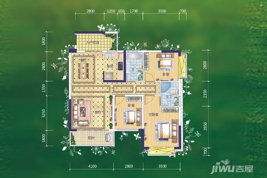 西江绿城香榭里花园2室2厅2卫107㎡户型图