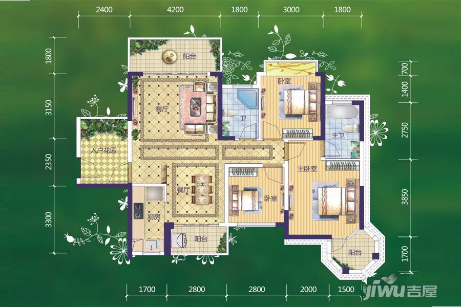 西江绿城香榭里花园2室2厅2卫110.4㎡户型图