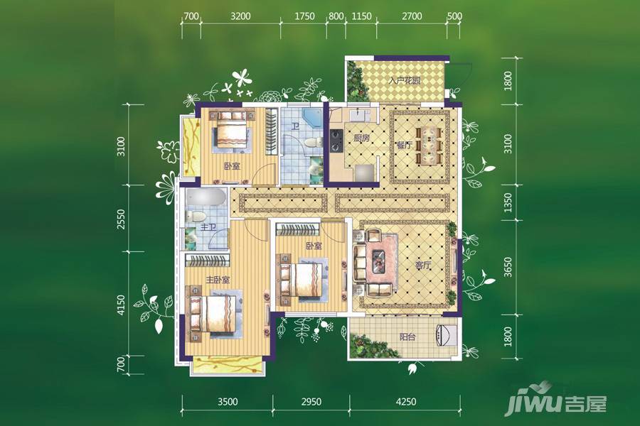 西江绿城香榭里花园2室2厅2卫114.4㎡户型图