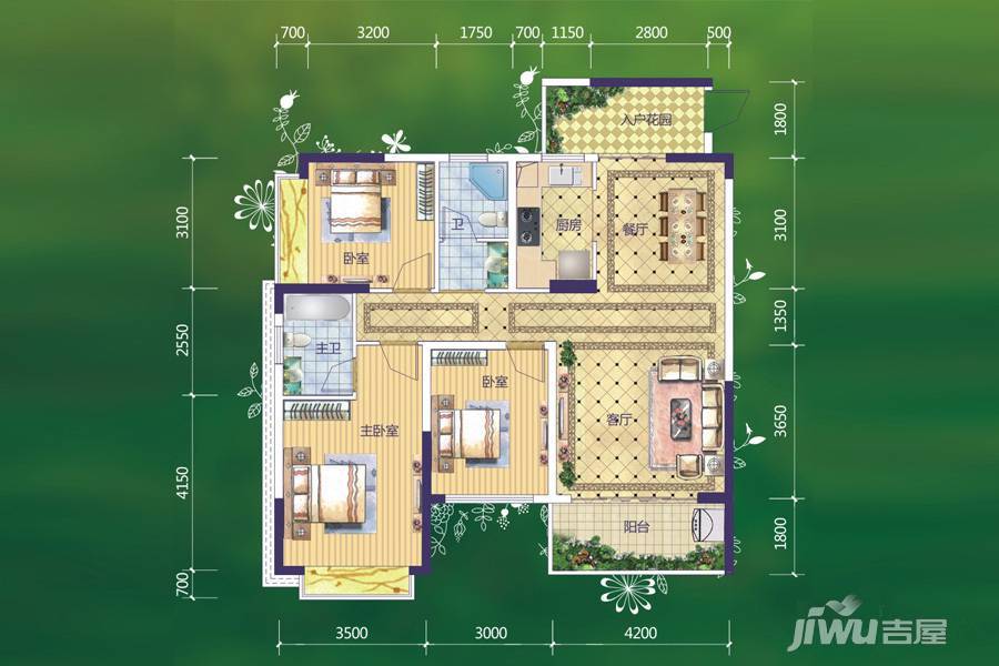 西江绿城香榭里花园2室2厅2卫116㎡户型图