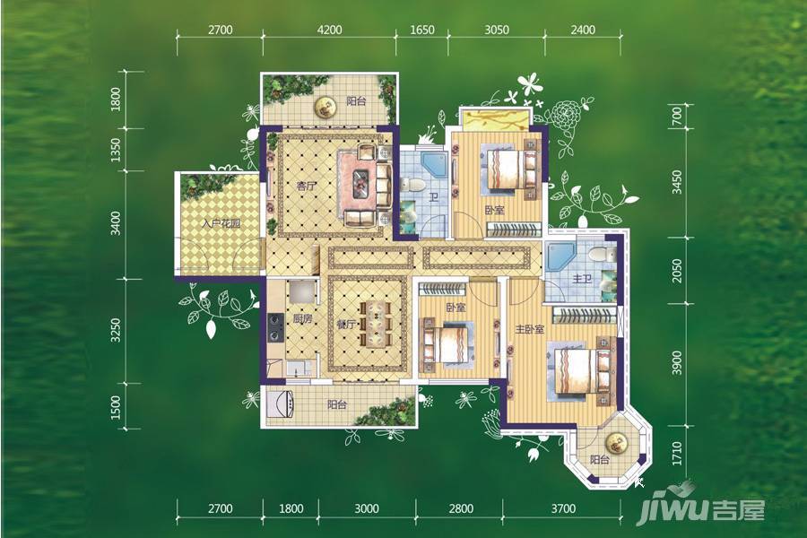 西江绿城香榭里花园3室2厅2卫119㎡户型图