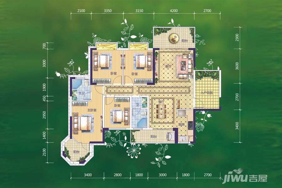 西江绿城香榭里花园3室2厅2卫140.2㎡户型图