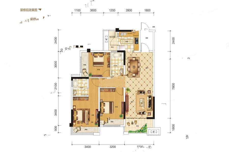 广汇圣湖城3室2厅2卫107.1㎡户型图