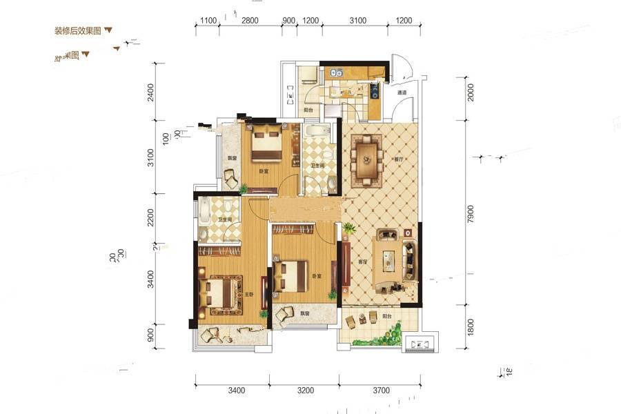 广汇圣湖城3室2厅2卫115.7㎡户型图